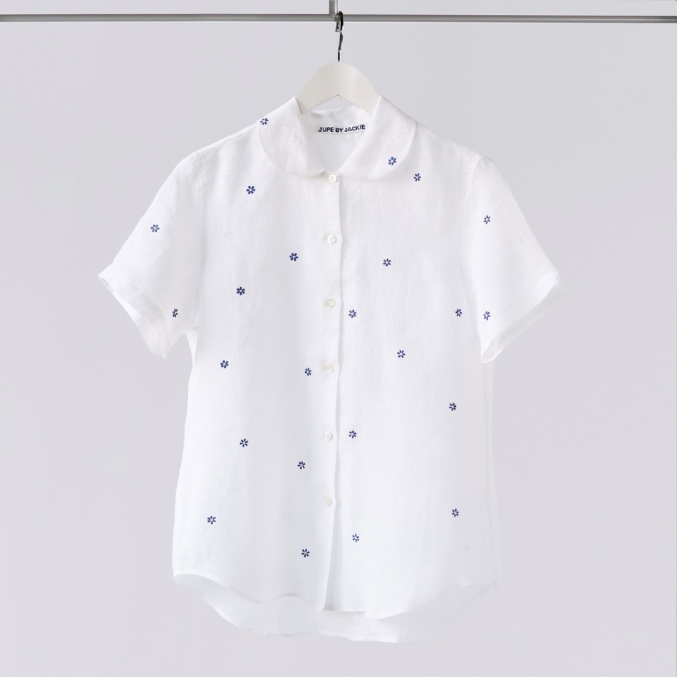 Jupe By Jackie Brig Hand Embroidered Flowers Linen Shirt